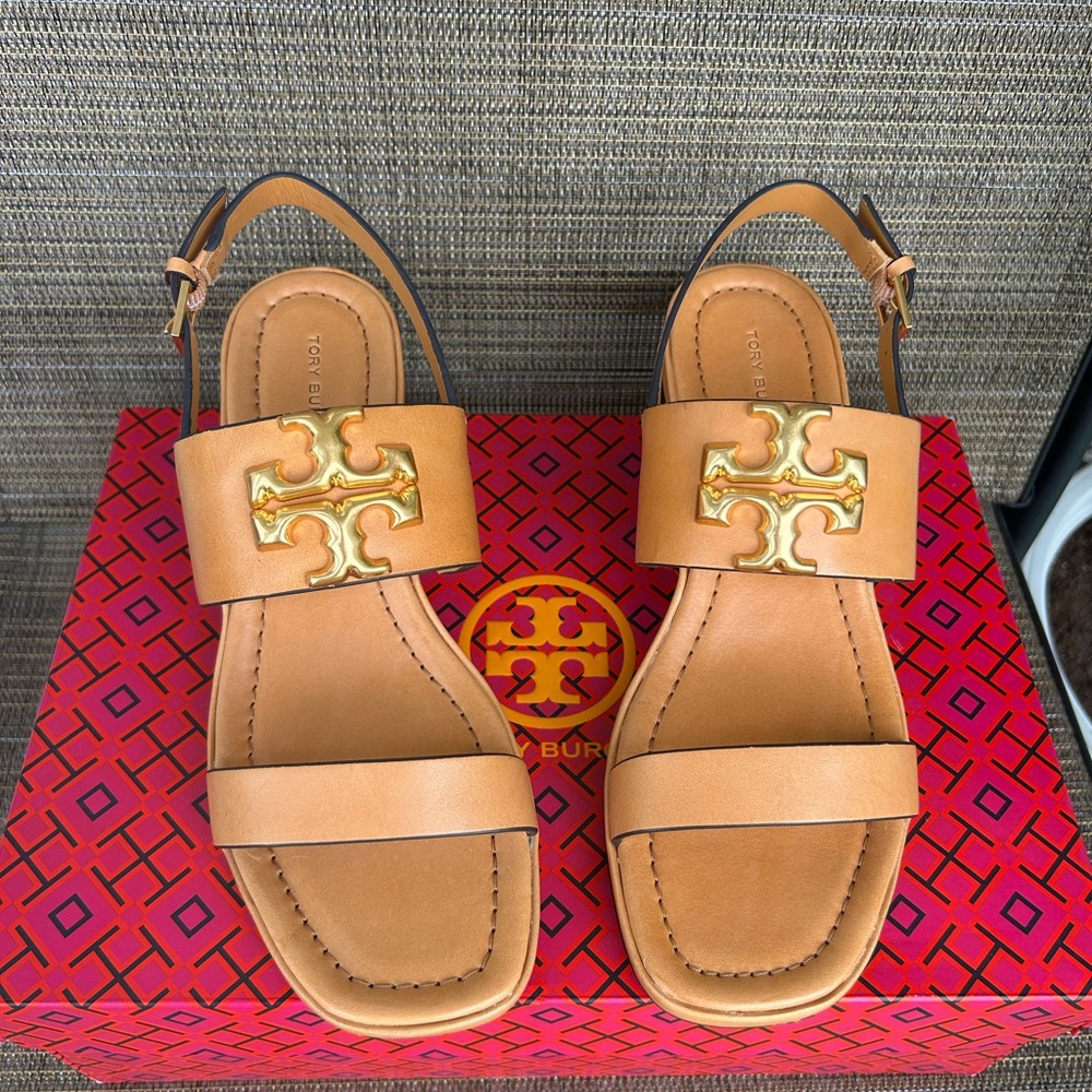NEW TORY BURCH 7.5 ELEANOR HEELS SANDAL 55MM VACHEETA TAN LEATHER BRANDY GOLD